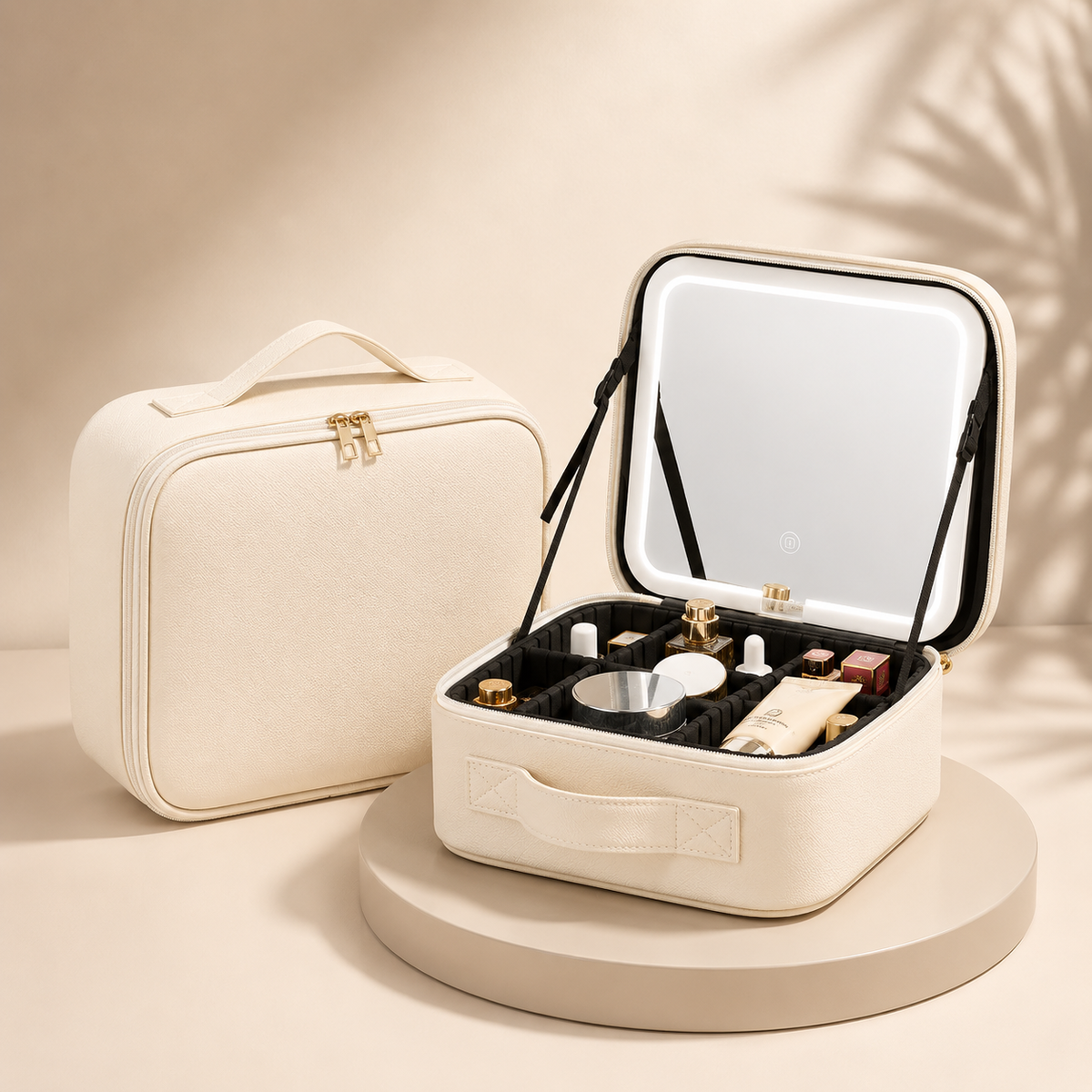 Elegante estuche de viaje para maquillaje con espejo LED y almacenamiento ajustable | El organizador perfecto para tu belleza en cualquier lugar