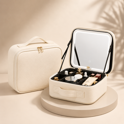 Elegante estuche de viaje para maquillaje con espejo LED y almacenamiento ajustable | El organizador perfecto para tu belleza en cualquier lugar