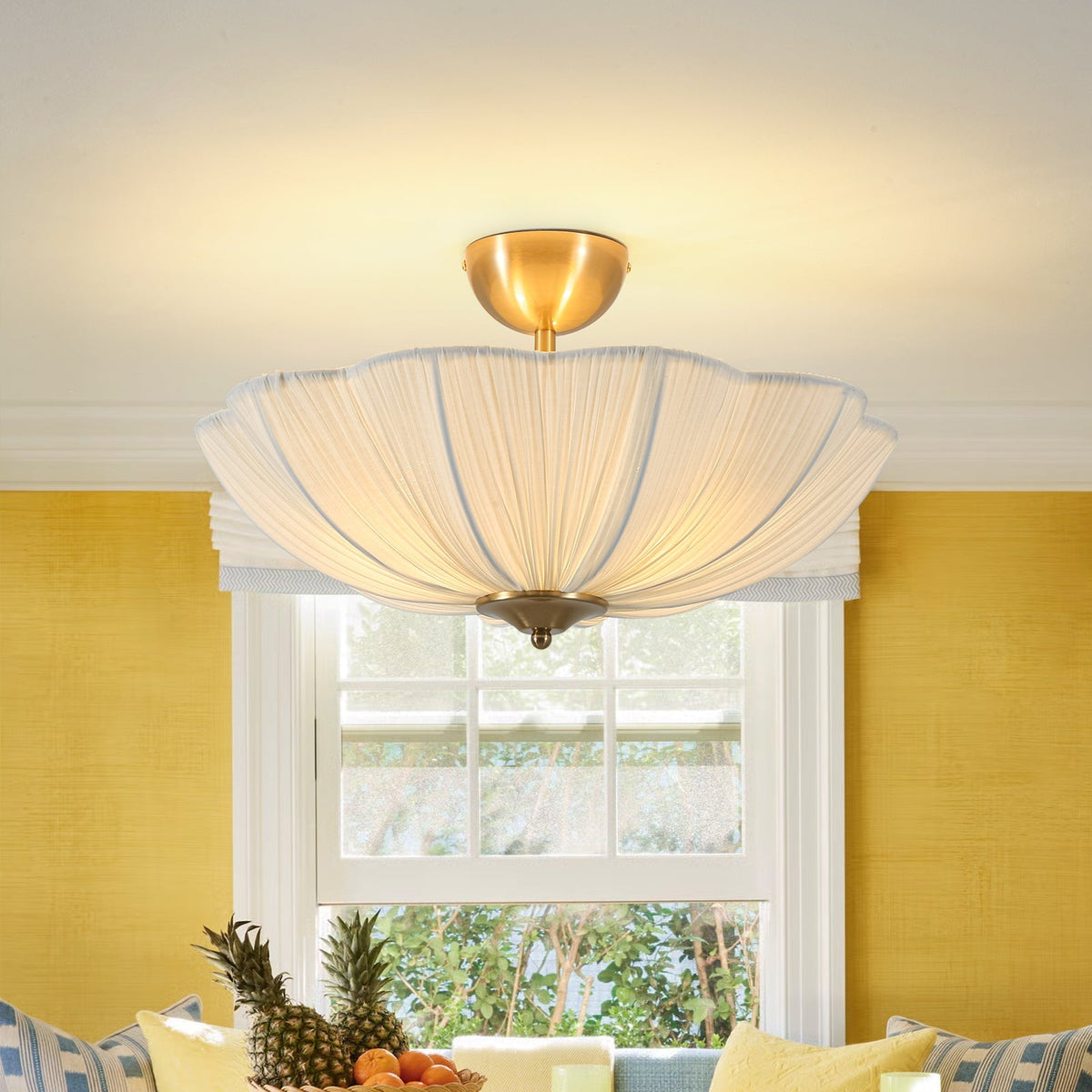 Three-Light Ceiling Lamp with Gathered Fabric Dome and Brass Accents