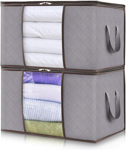 Fabric Closet Organizer Bin 24 Gallon Gray with Clear Window Collapsible Under Bed Storage Container for Comforters Seasonal Clothes Linens