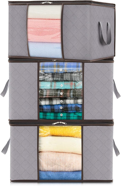 Fabric Closet Organizer Bin 24 Gallon Gray with Clear Window Collapsible Under Bed Storage Container for Comforters Seasonal Clothes Linens