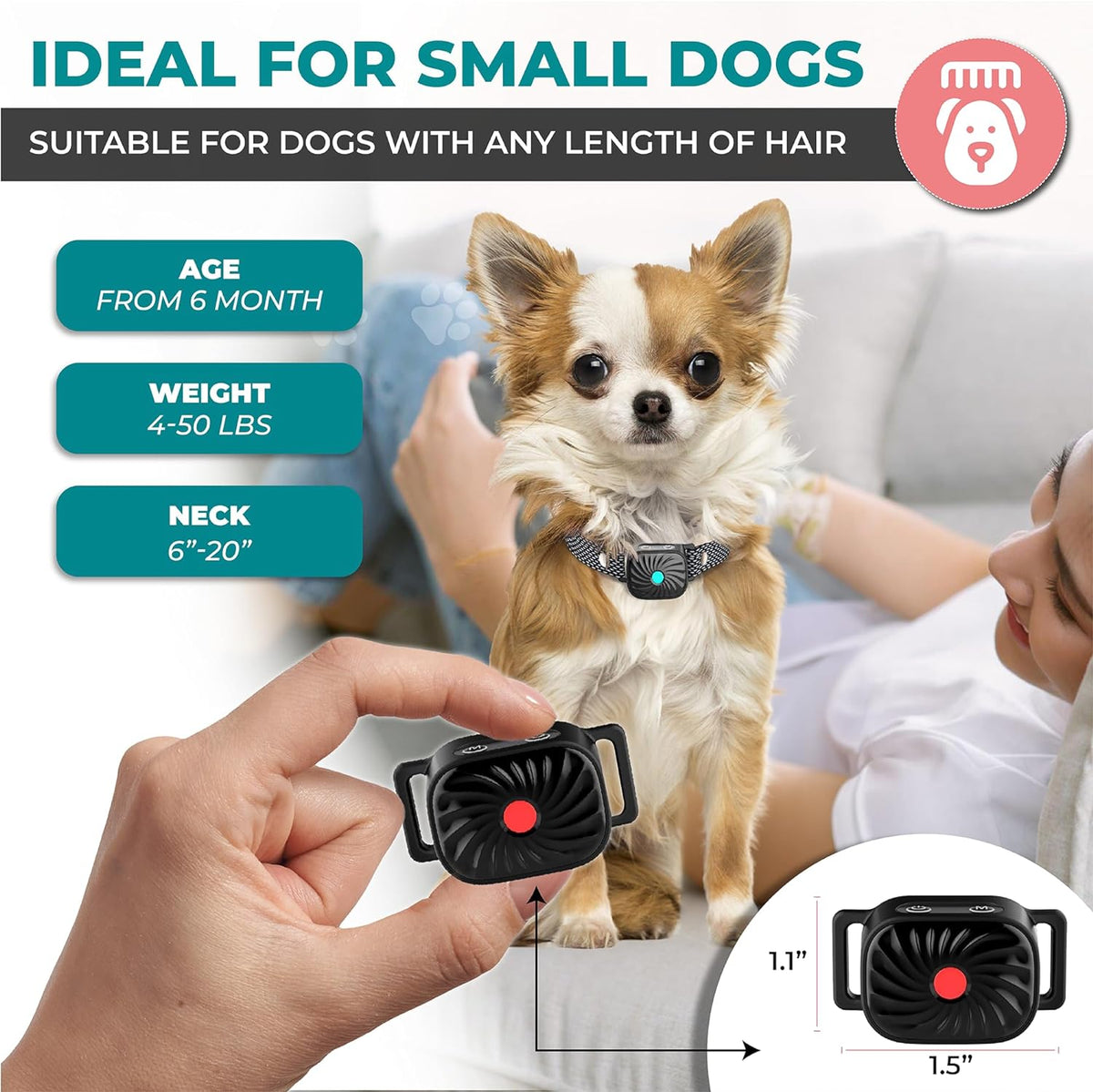Humane Bark Control Collar for Small Dogs | 4 Vibration Levels & Sound Mode | IP87 Waterproof | Adjustable 6-20 in Neck | Safe Puppy