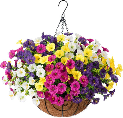 Hanging Basket Flowers Artificial Silk for Outdoor Indoor Decor | Weather-Resistant Faux Blooms in 7 Colors, Year-Round