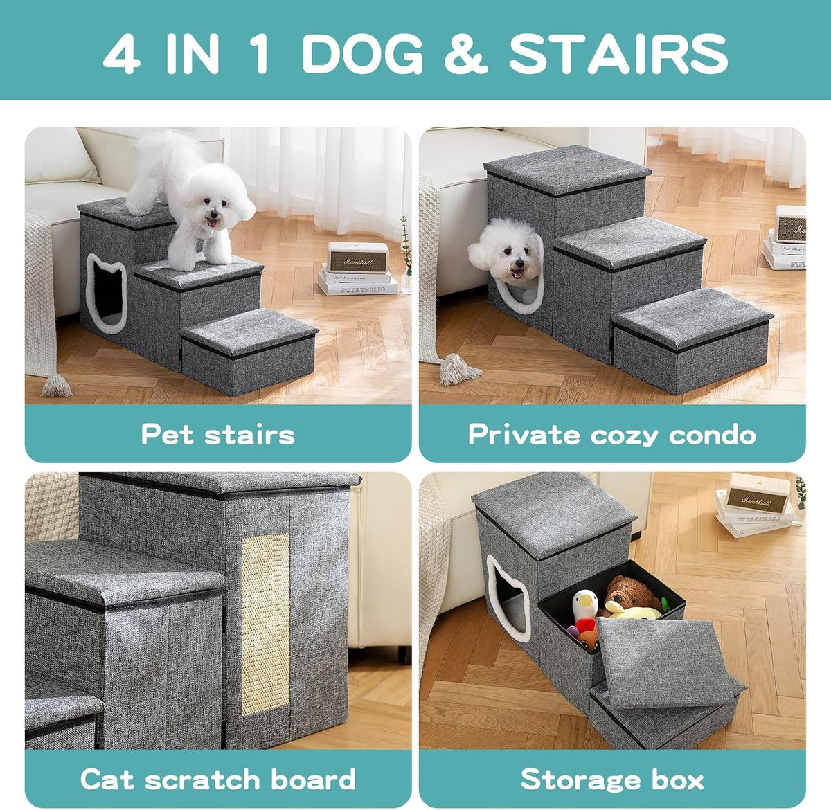 Pet Haven | Escaleras antideslizantes de 3 peldaños para perros con almacenamiento | Fácil acceso para perros pequeños y gatos