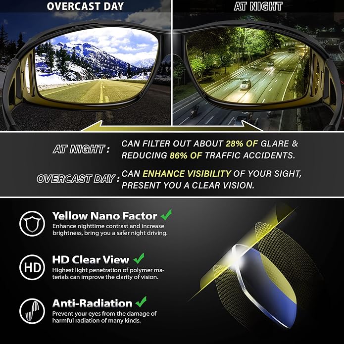Yellow-Tinted Driving Eyewear for Reduced Headlight Glare at Night & Dusk | Polarized Lenses for Improved Road Visibility | Featherweight