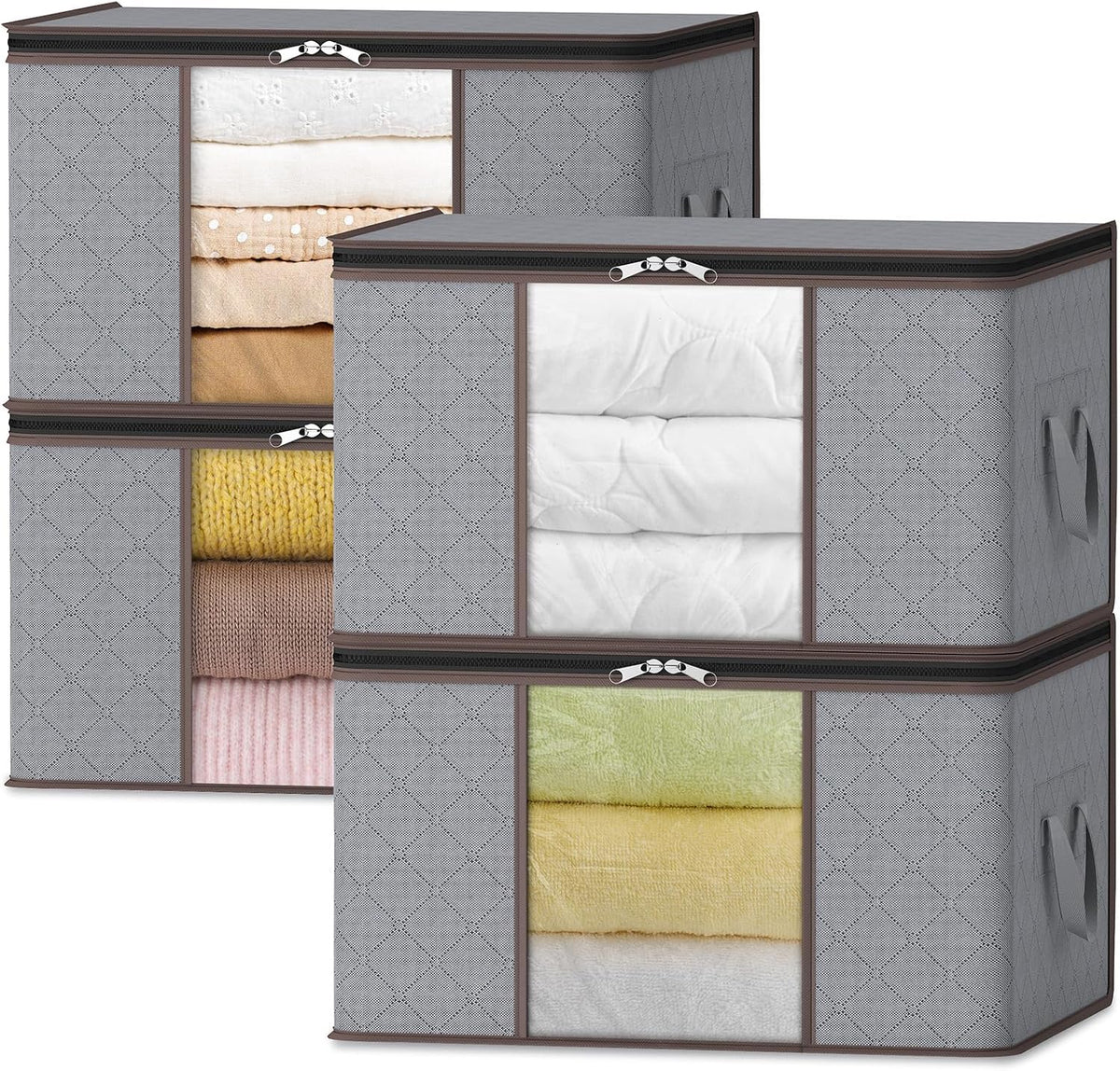 Fabric Closet Organizer Bin 24 Gallon Gray with Clear Window Collapsible Under Bed Storage Container for Comforters Seasonal Clothes Linens
