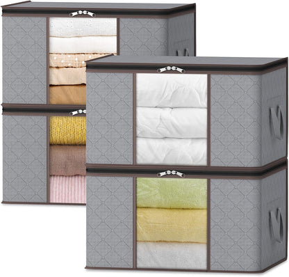 Fabric Closet Organizer Bin 24 Gallon Gray with Clear Window Collapsible Under Bed Storage Container for Comforters Seasonal Clothes Linens