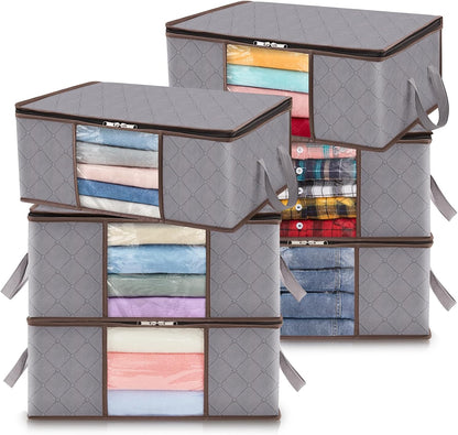 Fabric Closet Organizer Bin 24 Gallon Gray with Clear Window Collapsible Under Bed Storage Container for Comforters Seasonal Clothes Linens