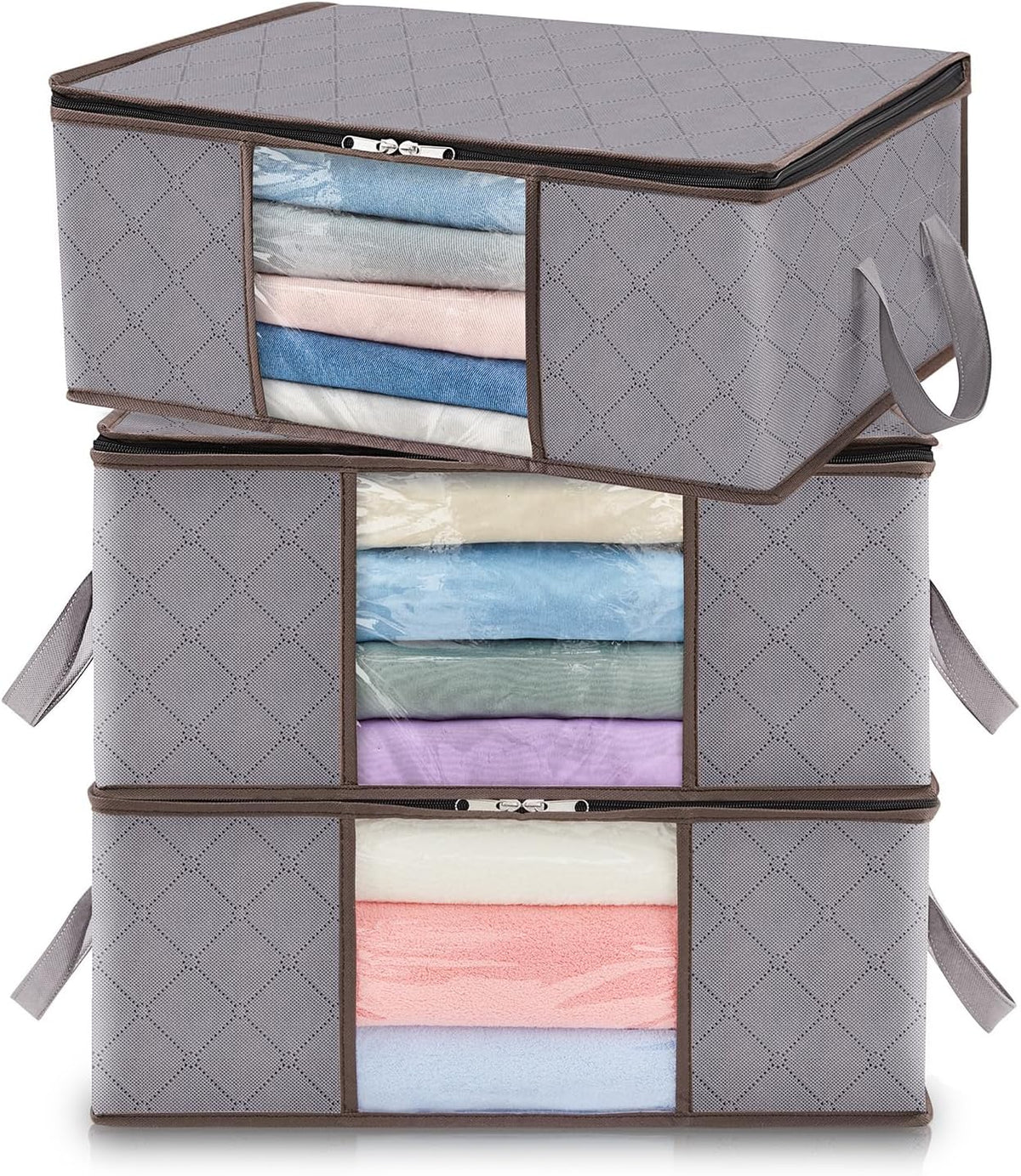 Fabric Closet Organizer Bin 24 Gallon Gray with Clear Window Collapsible Under Bed Storage Container for Comforters Seasonal Clothes Linens