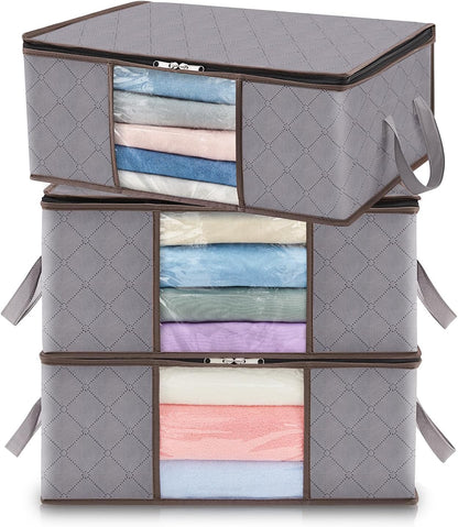 Fabric Closet Organizer Bin 24 Gallon Gray with Clear Window Collapsible Under Bed Storage Container for Comforters Seasonal Clothes Linens