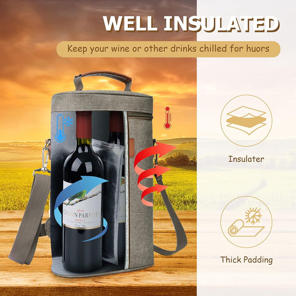 Bolsa térmica para vino con diseño acolchado | Enfriador a prueba de fugas para viajes y fiestas