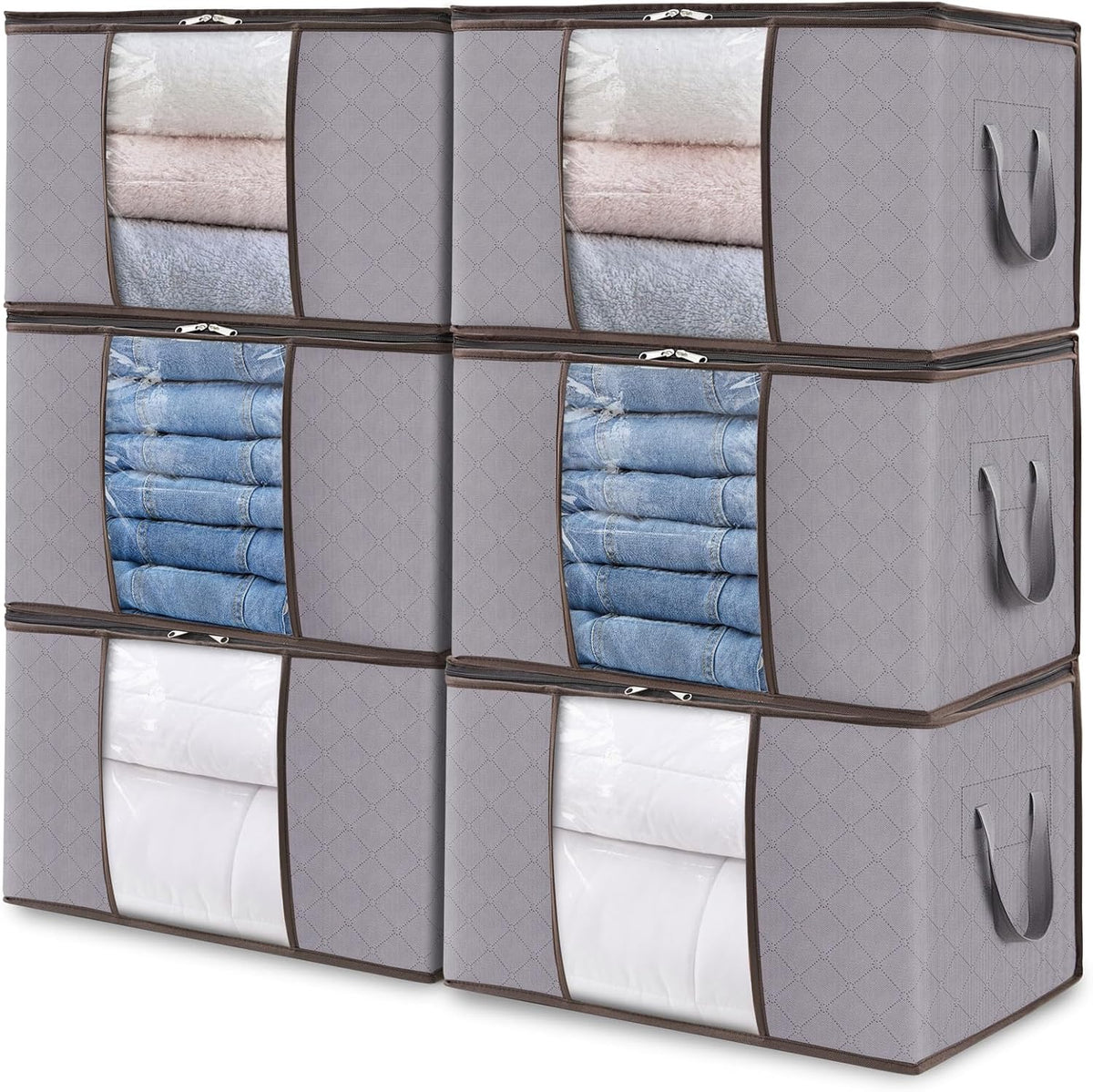 Fabric Closet Organizer Bin 24 Gallon Gray with Clear Window Collapsible Under Bed Storage Container for Comforters Seasonal Clothes Linens