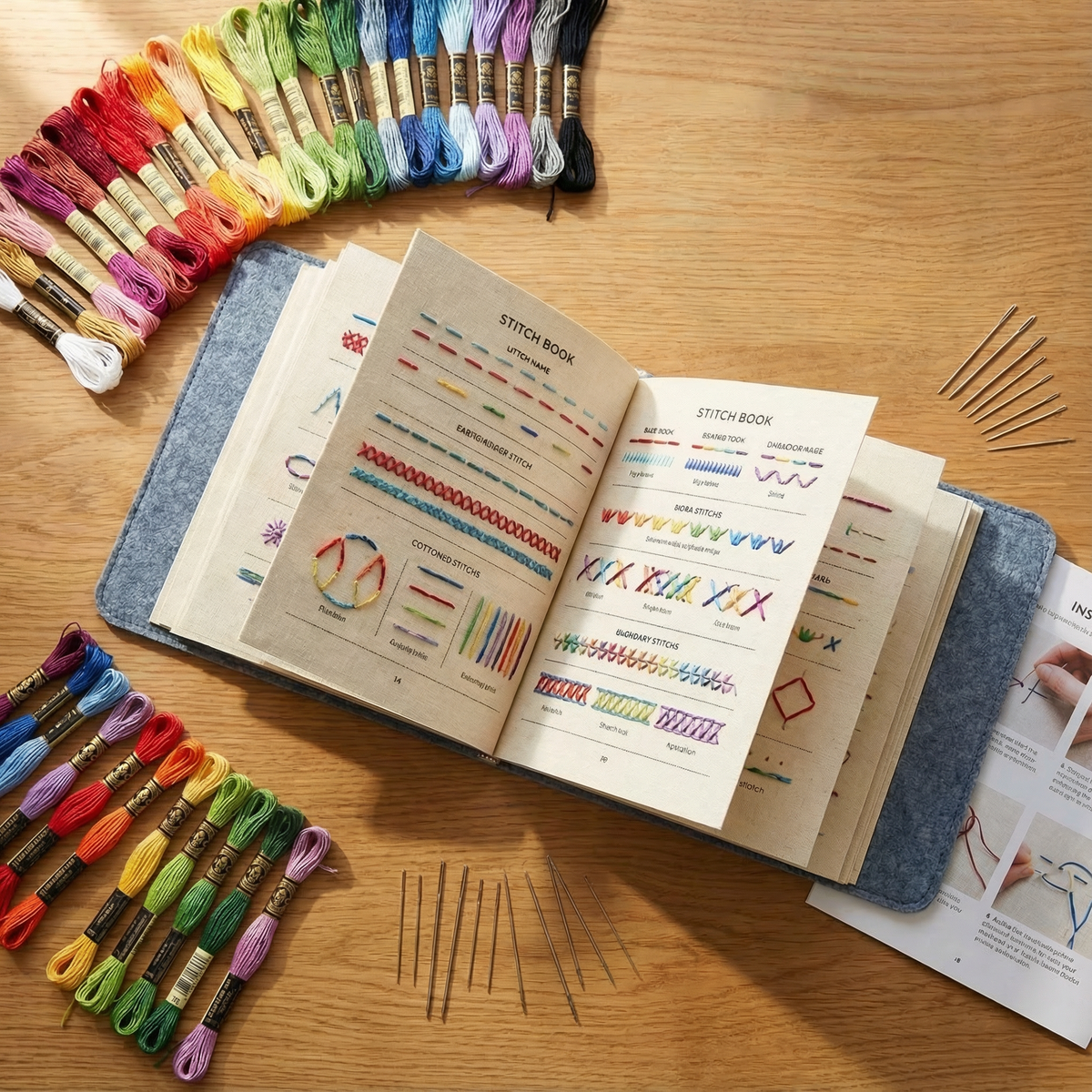 Removable-Page Needlework Learning Kit with 106 Techniques on Linen Sheets & 86-Piece Tool Set for Beginners