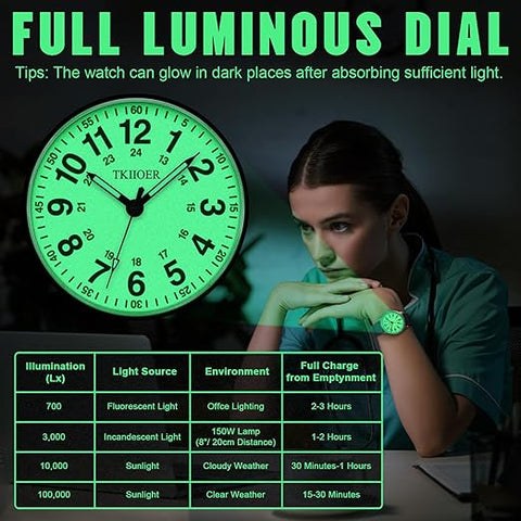Reloj esencial | Reloj impermeable para enfermería con esfera luminosa | Precisión horaria para profesionales de la salud