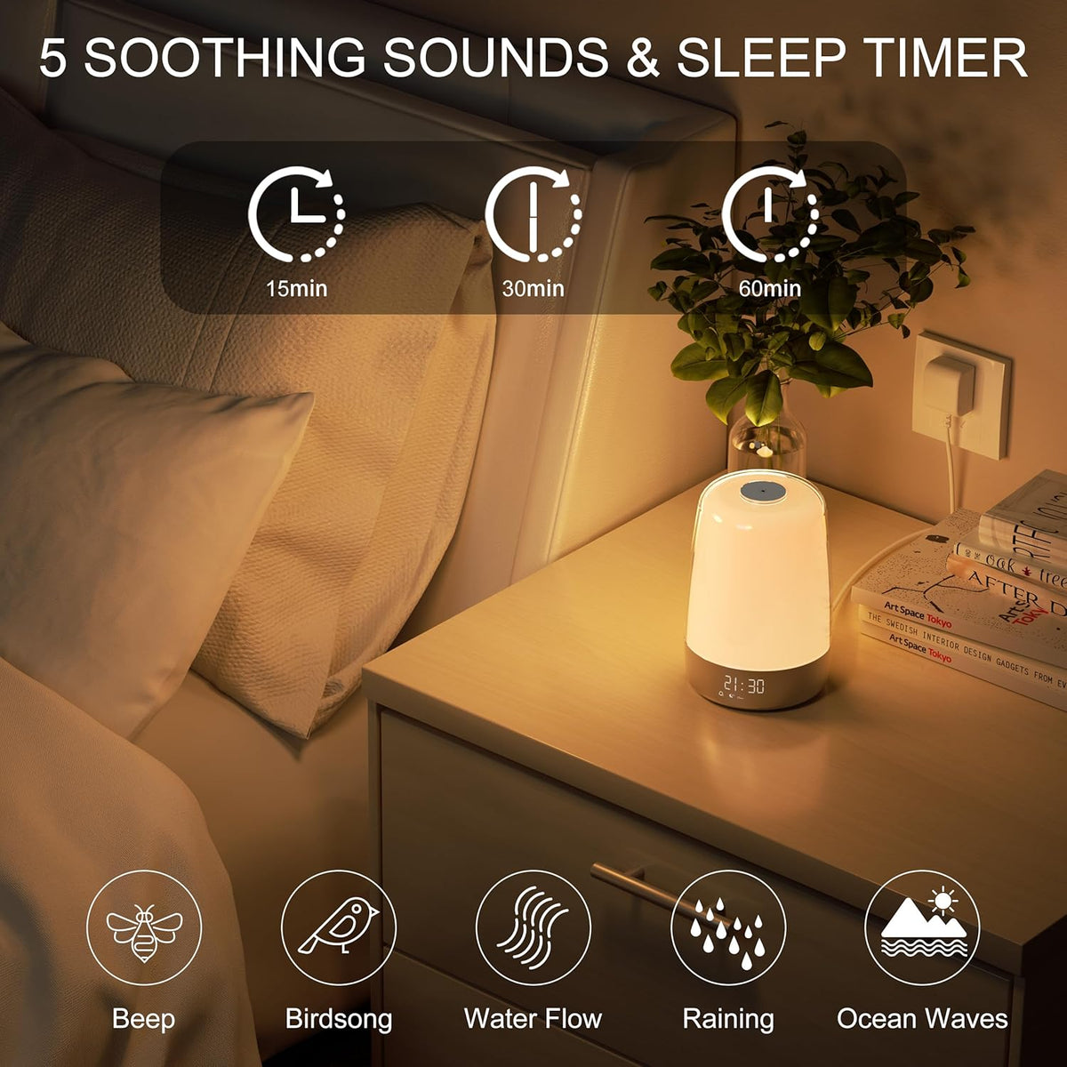 Sunrise Alarm Clock with Gradual Light & Natural Sounds – Rechargeable Wake-Up Lamp with Dual Alarms, Sunset Mode & Portable Design for