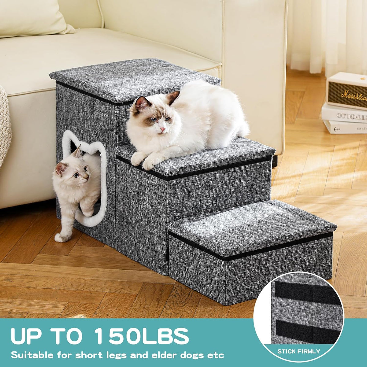 Pet Haven | Escaleras antideslizantes de 3 peldaños para perros con almacenamiento | Fácil acceso para perros pequeños y gatos