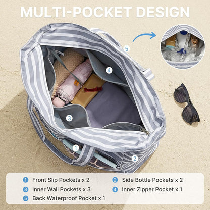 Bolsa de playa impermeable y resistente a la arena, bolso de playa plegable con compartimento para ropa mojada, bolsa de playa extragrande para viaje