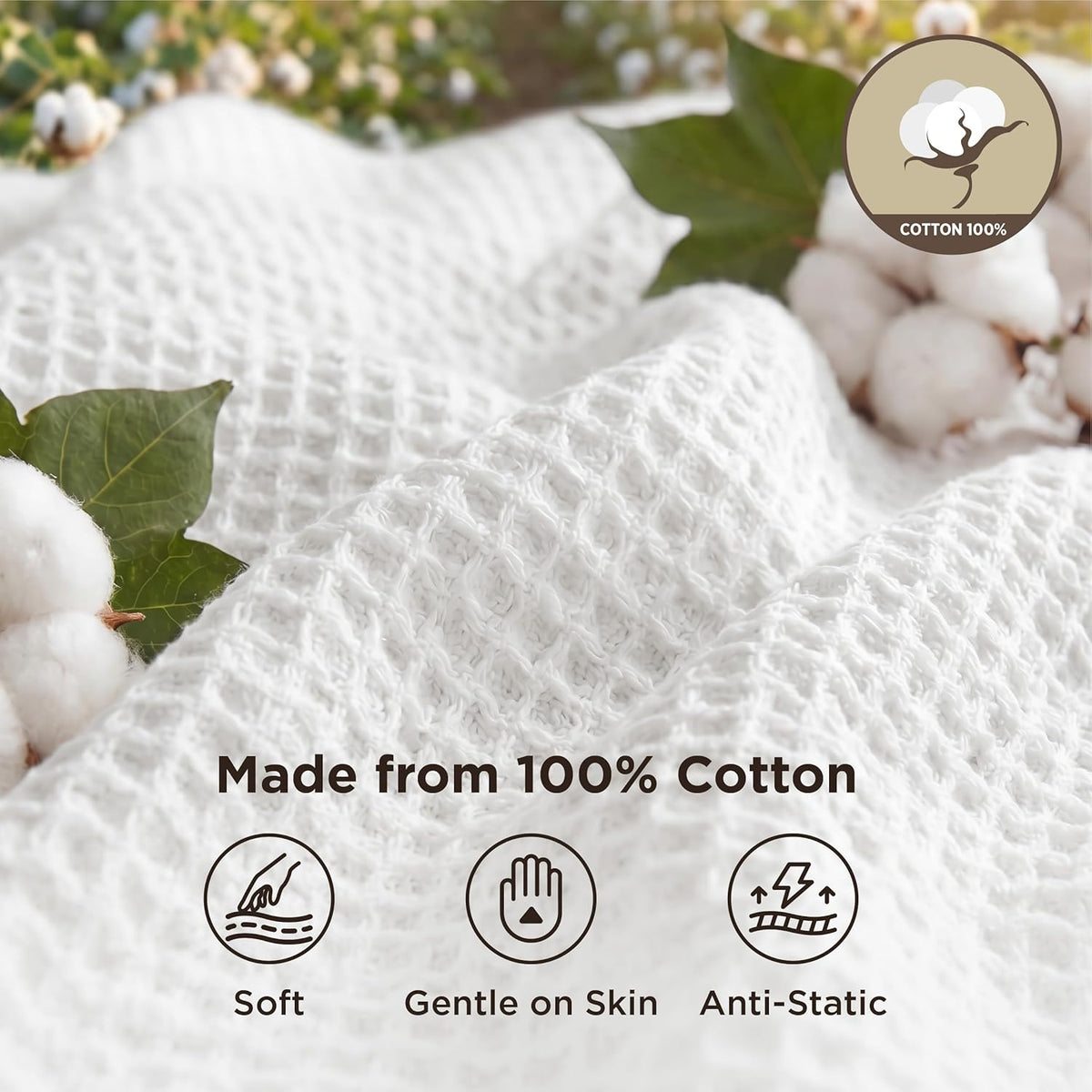 100% Cotton Waffle Weave Throw Blanket Queen King Breathable Lightweight Bed Cover for All Seasons Couch Sofa Bedroom Layering Textured