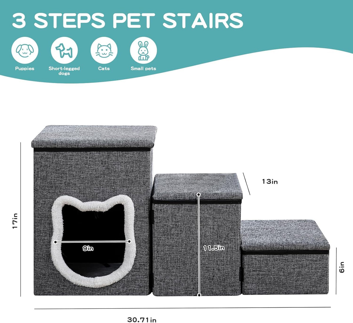 Pet Haven | Escaleras antideslizantes de 3 peldaños para perros con almacenamiento | Fácil acceso para perros pequeños y gatos
