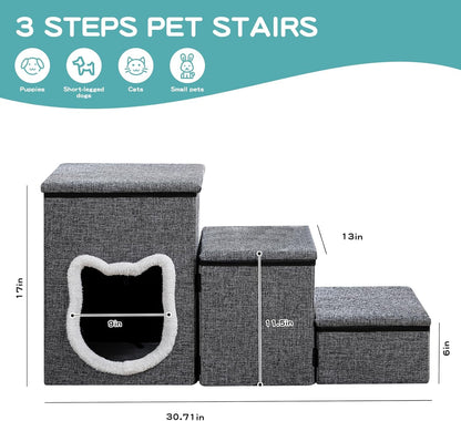 Pet Haven | Escaleras antideslizantes de 3 peldaños para perros con almacenamiento | Fácil acceso para perros pequeños y gatos