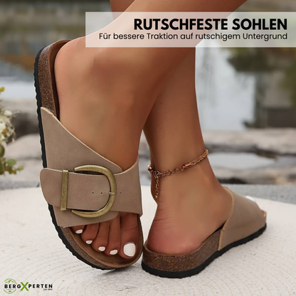 Women's Buckle Cork Footbed Sandals Orthopedic Toe Loop Slip-On Slides for Bunion Relief & Arch Support Casual Summer Shoes
