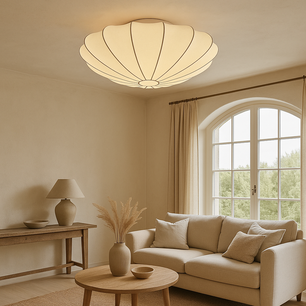 Flush Mount Round Light Fixture White Silk Shade 31.5 Inch Warm Glow for Bedrooms Living Rooms Modern Minimalist Home Overhead Lighting