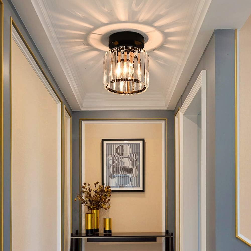 Flush Mount Crystal Light Fixture E27 Socket Black Gold for Bedroom Living Room Hallway Indoor Home Décor Compact Reflective Shade Elegant A