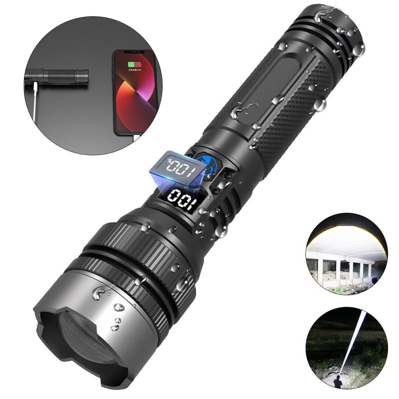 Linterna LED recargable por USB con enfoque de zoom ajustable para camping, emergencias y uso al aire libre