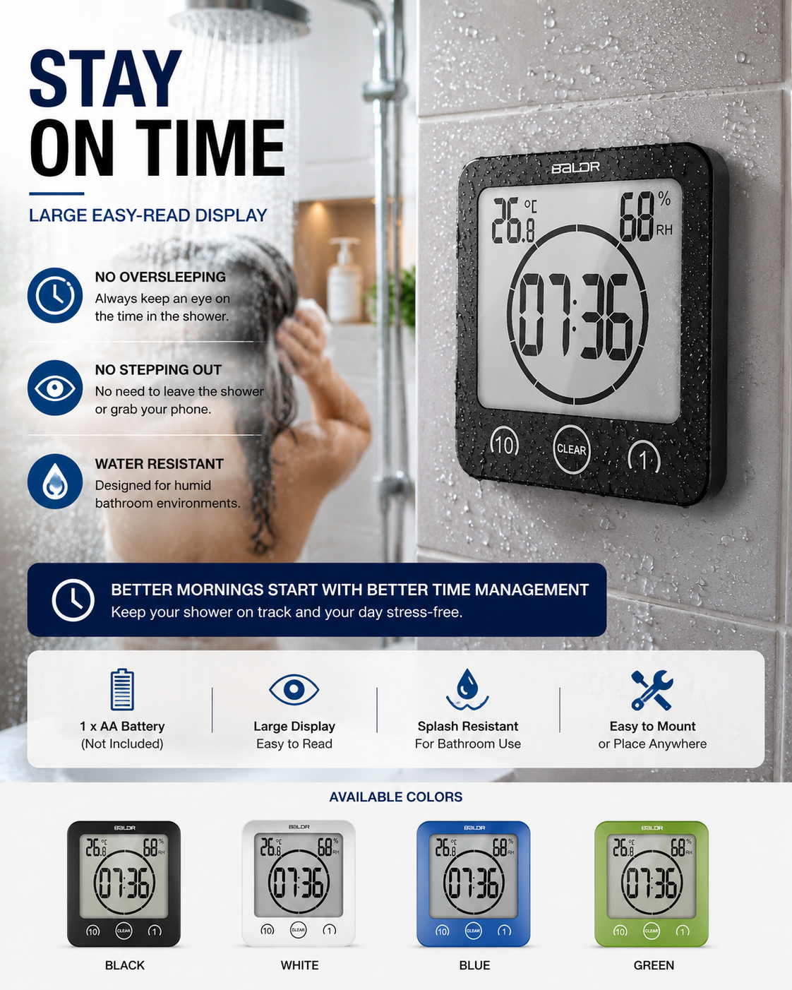 Waterproof Bathroom Shower Clock with Large Display for Time Management