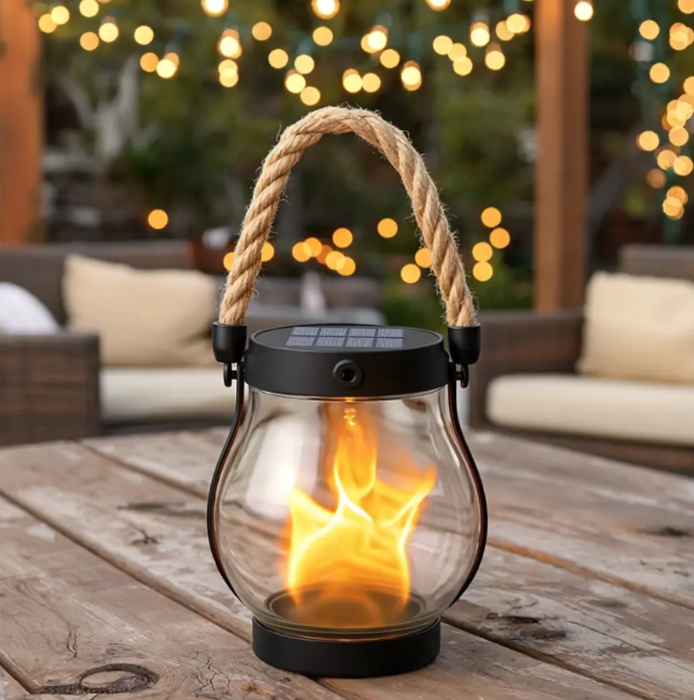 USB Rechargeable Portable Lantern with Hemp Handle & Auto Light Sensor for Patio Deck Porch Bedroom Camping Outdoor Indoor Ambient Lighting