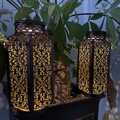 Sun-Charged Metal Garden Lantern with Cutout Moroccan Design for Porch, Deck & Yard Lighting