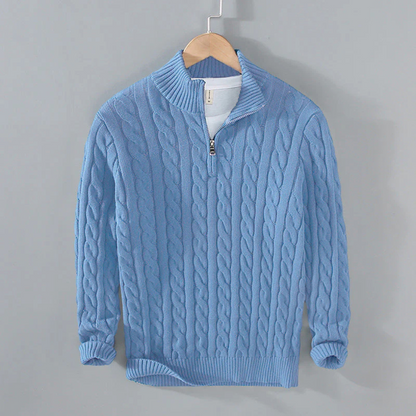 Cable-Knit Quarter-Zip Sweater for Men – 100% Cotton Stand-Collar Pullover for Fall & Winter
