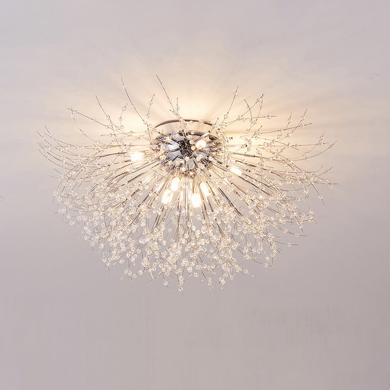 Lámpara de techo de montaje empotrado con diseño de diente de león de cristal: accesorio de 16 pulgadas en dorado y plateado para dormitorio, pasillo y baño