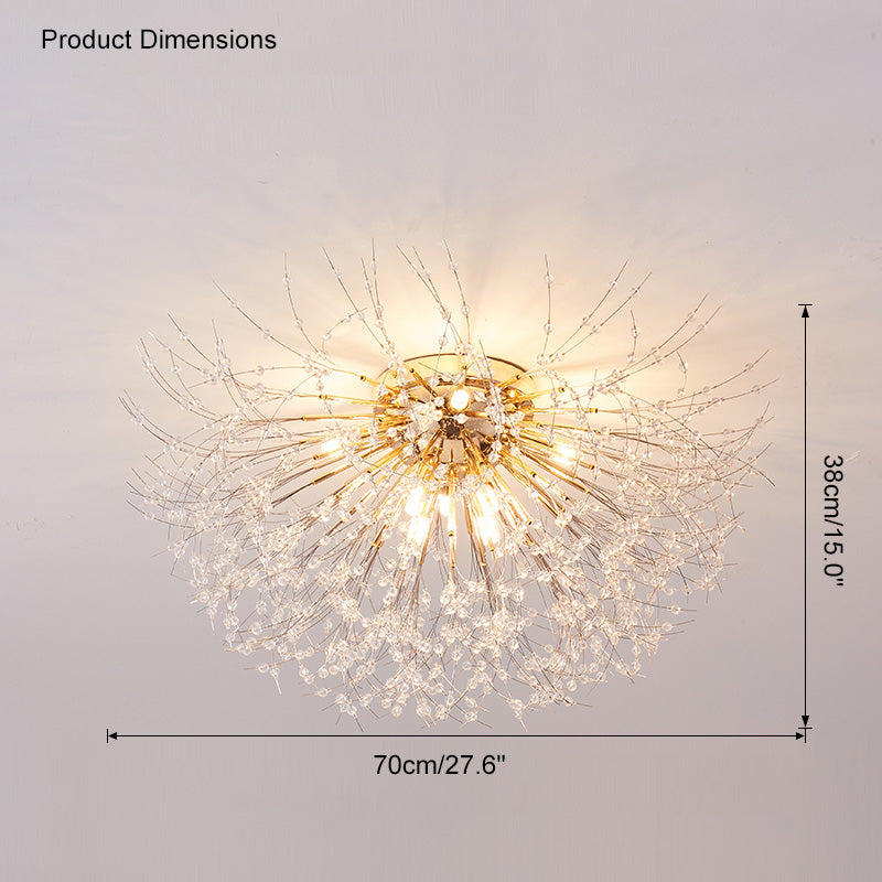 Lámpara de techo de montaje empotrado con diseño de diente de león de cristal: accesorio de 16 pulgadas en dorado y plateado para dormitorio, pasillo y baño