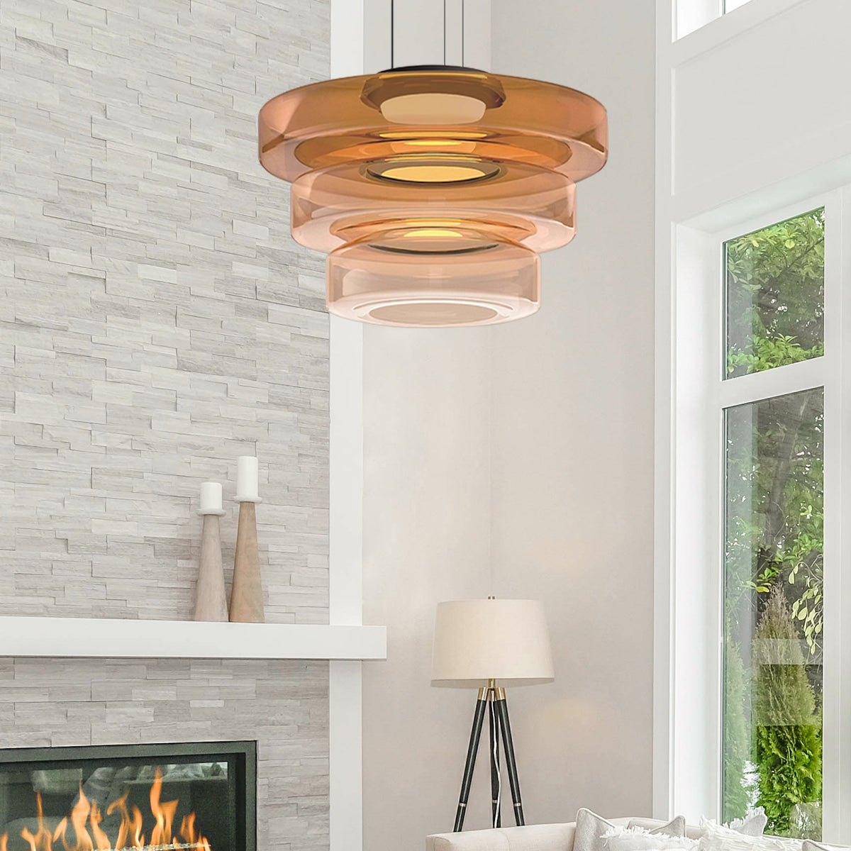 Tiered Glass Hanging Fixture 12 in Amber for Dining Tables Kitchen Islands Contemporary Statement Overhead Illumination
