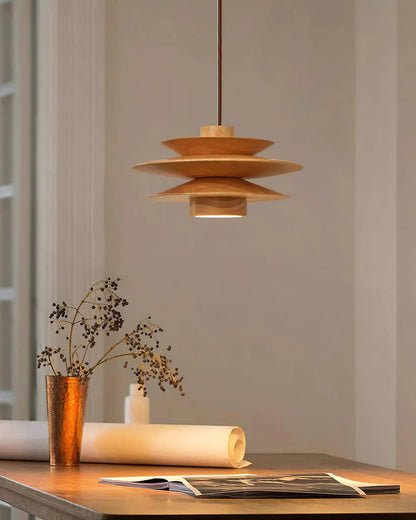 Layered Rubberwood Pendant Light Walnut Finish Ceiling Fixture Dining Room Living Room Ambient Lighting Modern Natural Wood Chandelier Warm