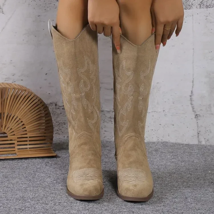 Women's Knee-High Western Suede Boots with Block Heel – Classic Cowboy Style for Jeans, Skirts & Dresses
