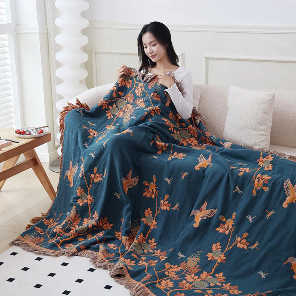 Layered Cotton Gauze Throw Blanket with Tassels – Jacquard Textured Woven Coverlet for Bed Couch Sofa Living Room Bedroom Decor