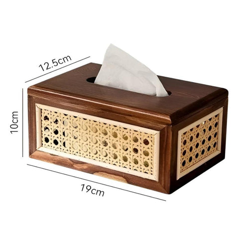 Jade Japandi Tissue Box Cover - Rattan and Wood, Minimalist Design