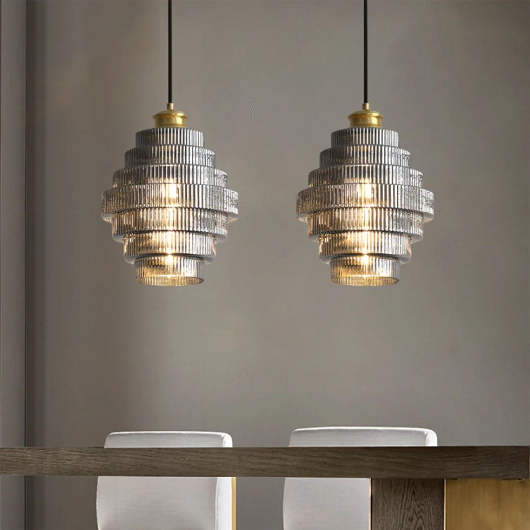 Tiered Glass Shade Ceiling Drop Light with Metallic Trim for Kitchen Islands & Eating Areas