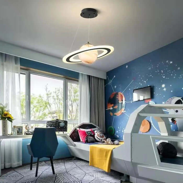 Space Planet LED Pendant Light for Kids Room – Glowing Saturn & Earth Ceiling Lamp with Astronaut Option