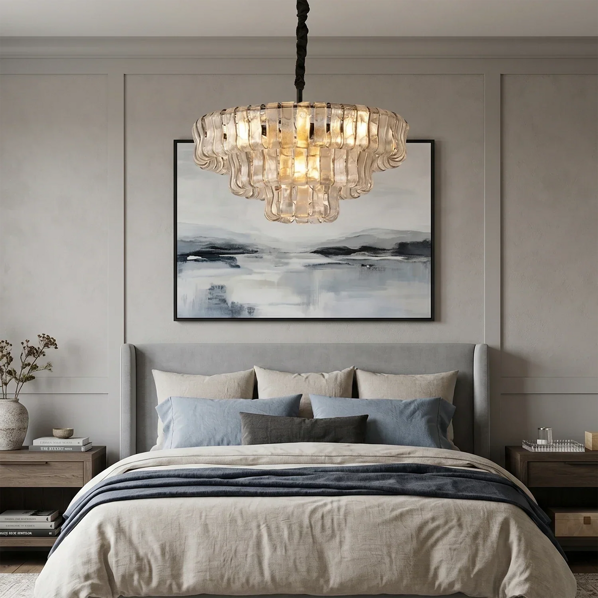 Textured Glass Round Chandelier with Curved Panels in Metallic Finish for Dining Room & Living Room | 24 to 60 Inch