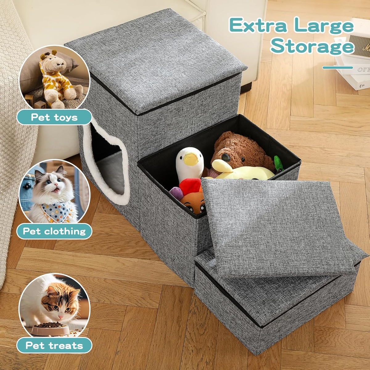 Pet Haven | Escaleras antideslizantes de 3 peldaños para perros con almacenamiento | Fácil acceso para perros pequeños y gatos