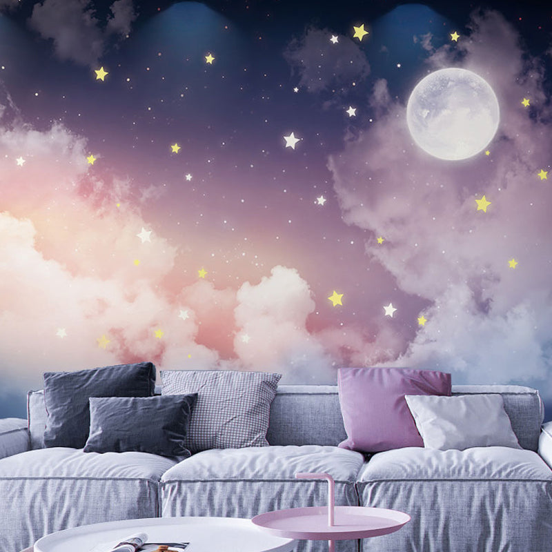 Large Celestial Wall Mural Pink Purple Moon Star Illustration Non-Woven Wallpaper Modern Bedroom Decor Horizontal Stain-Resistant