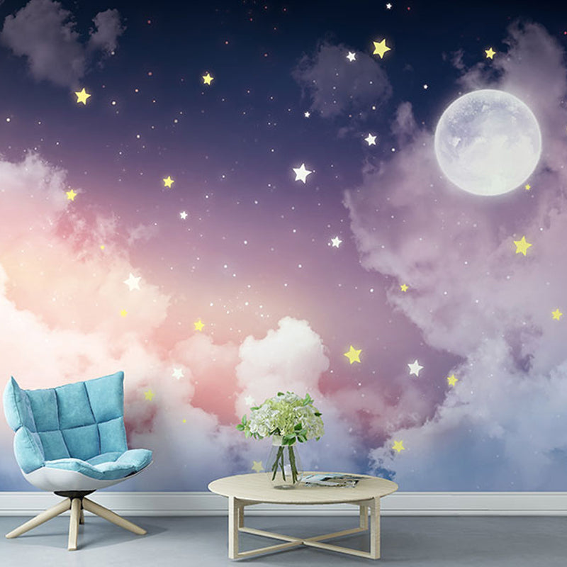 Large Celestial Wall Mural Pink Purple Moon Star Illustration Non-Woven Wallpaper Modern Bedroom Decor Horizontal Stain-Resistant