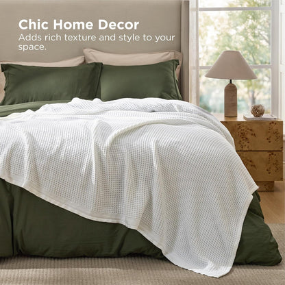100% Cotton Waffle Weave Throw Blanket Queen King Breathable Lightweight Bed Cover for All Seasons Couch Sofa Bedroom Layering Textured