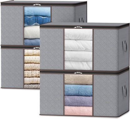 Fabric Closet Organizer Bin 24 Gallon Gray with Clear Window Collapsible Under Bed Storage Container for Comforters Seasonal Clothes Linens