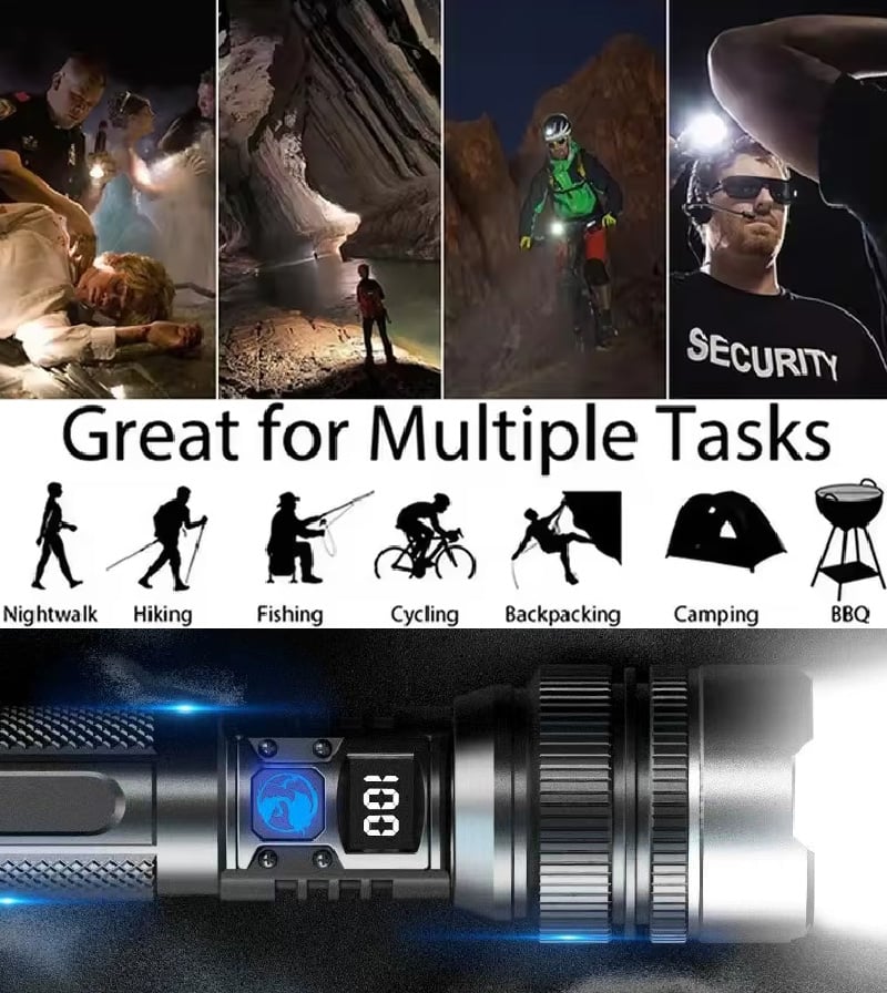 Linterna LED recargable por USB con enfoque de zoom ajustable para camping, emergencias y uso al aire libre