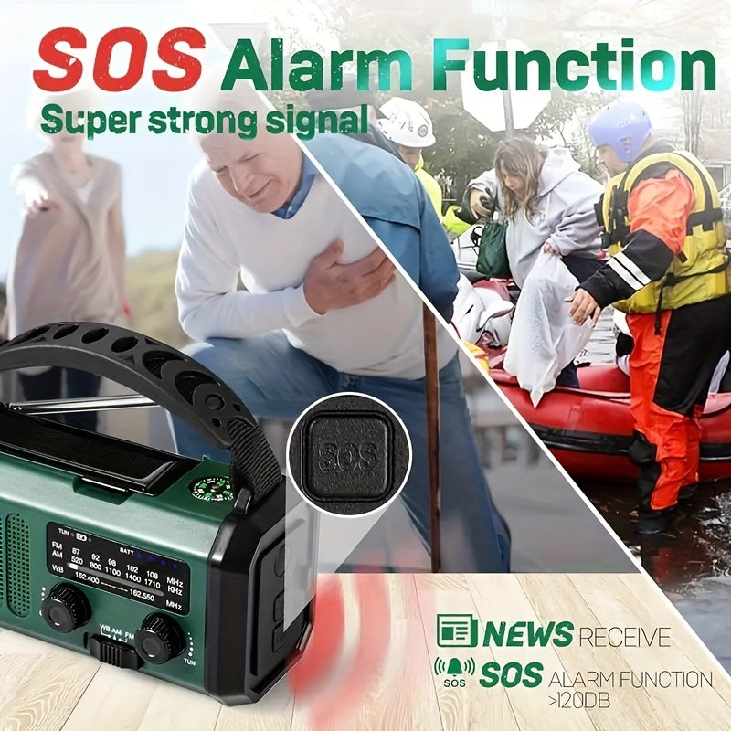 Radio meteorológica de emergencia con panel solar, linterna de manivela, batería externa de 10000 mAh, AM FM NOAA, SOS, brújula, recargable por USB-C, para camping y supervivencia
