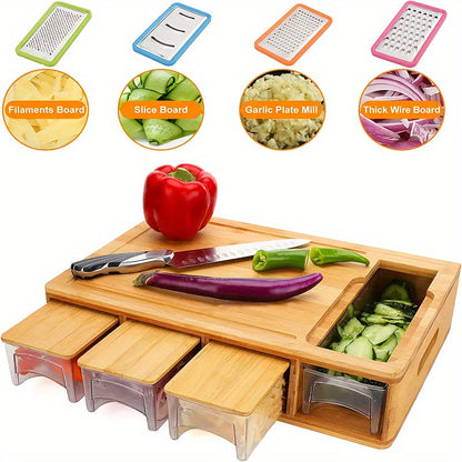 Bamboo Chopping Board with Slide-Out Prep Trays & 4-Piece Grater Set – All-in-One Food Prep Station for Home Kitchens